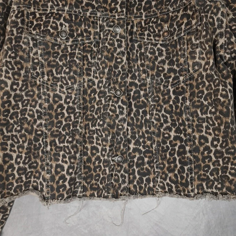 Free People Jacket Womens Large Brown Leopard Denim Raw Hem Cropped Trucker - Picture 8 of 16